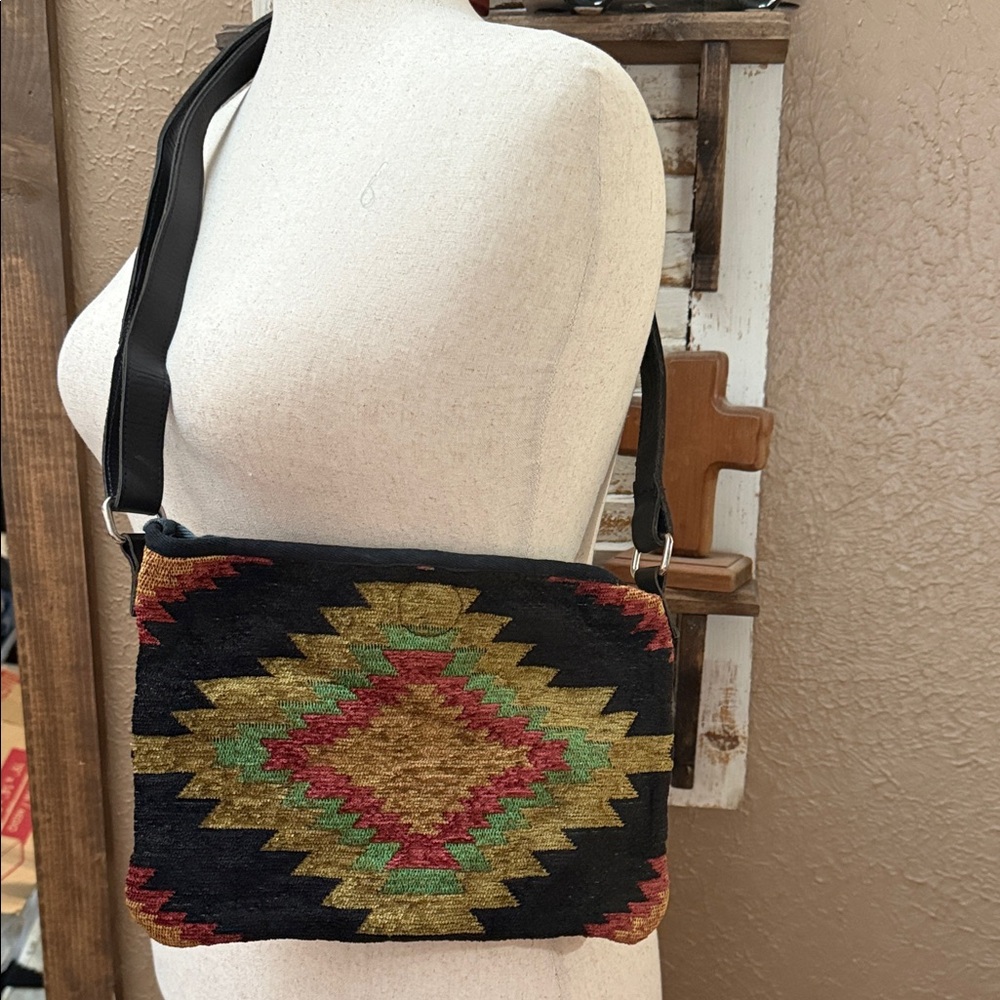 Artisan Black and Multicolor Geometric Crossbody Bag
